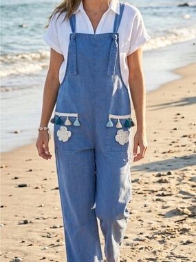 Zenana Outfitters Light Blue Denim Overalls with Tassel Pocket Accents